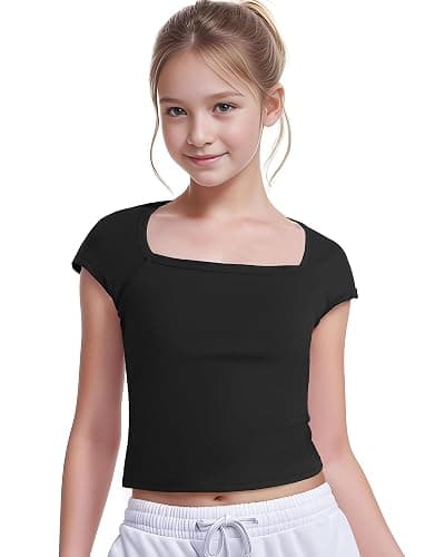 NUMYEAN Crop Tops for Girls Short Sleeve Shirt Girls Summer Tops Square Neck Slim Fit Tops Basic Tee - Image 1