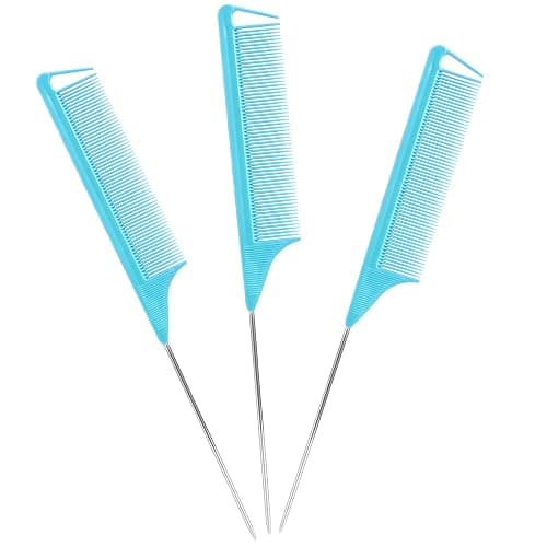 Long Steel Pin Rat Tail Combs Set: 3 Pieces Teasing Hair Combs for Salon Stylists - Includes Metal Parting Combs for Women (Blue) - Image 1