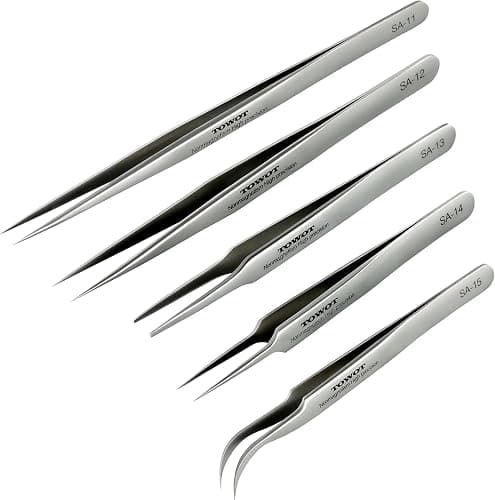 TOWOT Precision Tweezers, 5 PCS Stainless Steel, Non-Magnetic, Heat Resistant, Curved, Jewelry, Electronics, Craft, Soldering, Experimental Work - Image 1