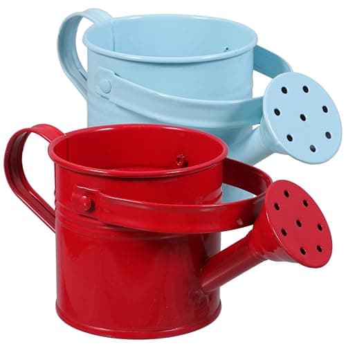 Kids Watering Can Metal Small Watering Can for Indoor Plants, Iron Mini Water Bottle for Garden Yarde Home Plants Flower Bonsai Pots (Red and Light, 2PCS) - Image 1