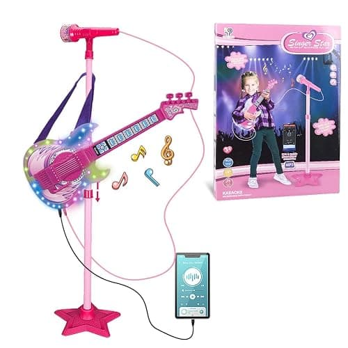 TAKIHON Guitar and Microphone Set for Kids,Guitar Toys with Music&Colorful Light,Adjustable Height Microphone with Stand,Karaoke Toys Gift for Boy,Girls,Toddlers(Red)-Upgraded - Red - Image 1
