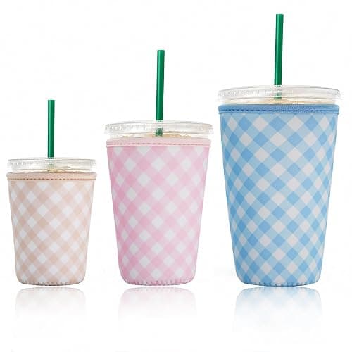 Reusable Insulated Sleeve for Iced Coffee Cup, 3-Pack Coffee Neoprene Drink Sleeve for Cold & Hot Drinks, Beverage Holder for Iced Coffee (Pastel Gingham Set) - Image 1