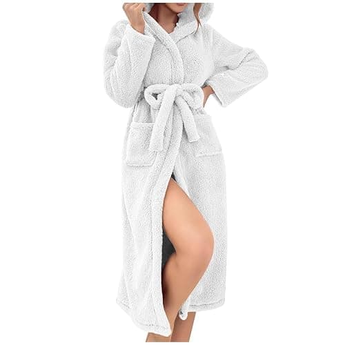 Womens Dressing Gown Full Length Fluffy Bathrobes Ladies Super Soft Hooded Bath Robe Winter Cozy Plush Fleece Warm Robes with Pockets Loungewear Long Robe Sleepwear Nightwear Gifts for Her - Image 1