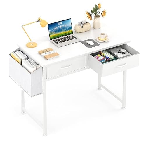 CAIYUN Small White Desk with Fabric Drawers for Bedroom, 31 Inch Home Office Desk with Side Pocket and Hook for Small Space, Makeup Vanity Desks Kid’s Desks to Writing Made of Wood and Metal, White - Image 1