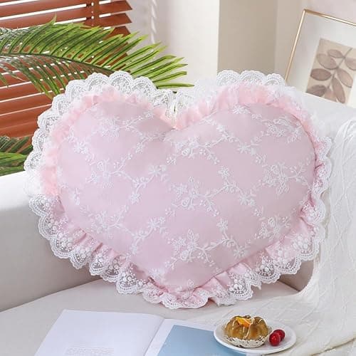 YISLEND Elegant Lace Heart Shaped Throw Pillow, Cute Heart Decorative Throw Pillows for Bed Couch Chair Sofa, Living Room Bedroom Decor (Pink) - Image 1