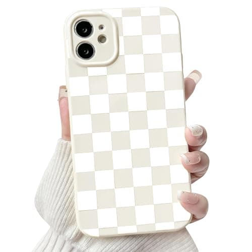 NITITOP Compatible with iPhone 12 Case Cute Aesthetic Checkerboard Checkered Pattern for Women Girl Trendy Slim Fit TPU Silicone Shockproof Full Camera Protection Cover - White - White - iPhone 12 - Image 1