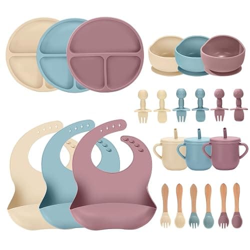 JELLDJK 24 PCS Silicone Baby Feeding Set, Baby Led Weaning Supplies Includes Suction Bowls and Divided Plates, Adjustable Silicone Bib, Spoons&forks, Training cup with straw(Pink+Blue+Beige) - Image 1