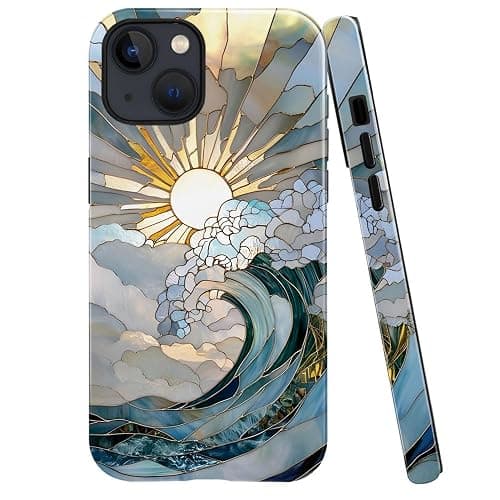 TnXee Case Compatible with iPhone 14,Fall Prevention Bright Hybrid 2-Layer Hard Shell Phone Case for Girls Boys,Ocean Waves Sunrise - Image 1