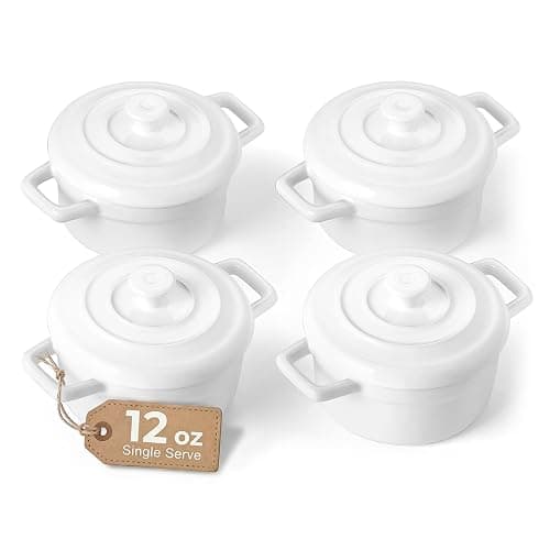 Lareina Mini Cocotte 12oz Ceramic Casserole Dish Set with Lid, White | Small casserole ramekins with handles, oven, microwave & dishwasher safe. Perfect for baking, serving, and individual meals. - Image 1