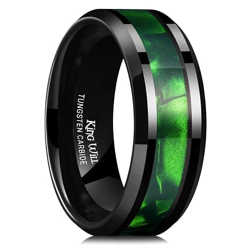 King Will Tungsten Carbide Wedding Band for Men - 8mm Black High Polished Inlay Green/Black Olive Shell Texture Patterns for Everyday Wear Comfort Fit - Image 1