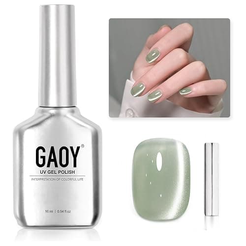 GAOY Green Glassy Cat Eye Gel Nail Polish, 16ml Glitter Holographic Nail Polish with Magnet, Reflective Translucent UV Gel, 2335 Green Jade - Image 1