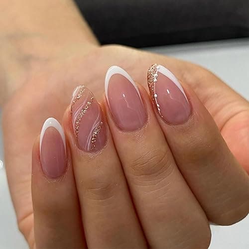 French Tip Press On Nails with Glitter Accent, Peach Pink Almond Fake Nails, Elegant Nude White False Nails, Glue On Nail Kit for Women, 24PCS - Image 1