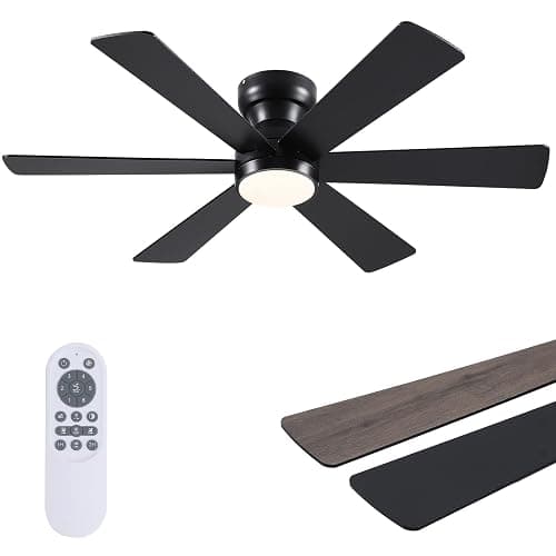 Asyko Ceiling Fans with Lights,46" Low Profile Ceiling Fan with Light and Remote Control,Flush Mount, Reversible, Dimmable, Noiseless, Black Ceiling Fan for Bedroom - Image 1