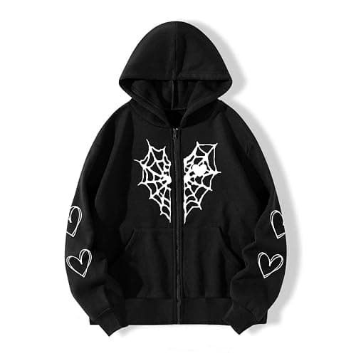 Oversized Y2K Zip Up Hoodie for Women Men Gothic Spider Web Heart Graphic Sweatshirt Punk Harajuku Alt Emo Streetwear - Image 1