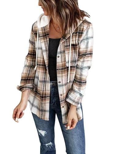 INFITTY Women's Buffalo Plaid Hoodie Long Sleeve Jacket Button Drawstring Casual Fall Shirts with Pocket - Image 1