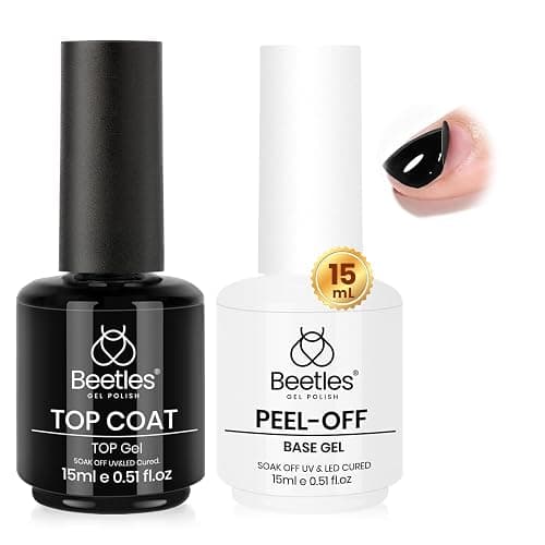 Beetles Peel Off Base Coat and Top Coat Gel Nail Polish Set, 2Pcs 15ml Peelable Base Gel and Top Coat Easy Removal, UV LED Lamp Peel off Nail Polish without Damage for Beginners Weak Thin Nails - Image 1