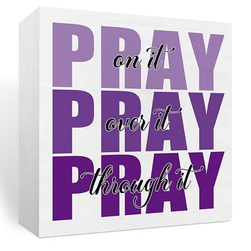 Inspirational Bathroom Room Decor, Christian Bible Desk Decoration, Accessories for Women Office, Dorm Decor Gifts for Women, Wooden Box Sign for Home Bedroom Table Shelf-Pray Through It(purple) - Image 1