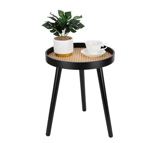 Rattan Round Side Table, Black Small Accent Table, Modern Boho Bedside Mid-Century Patio Side End Tables for Living Room Bedroom Office Balcony - Image 1