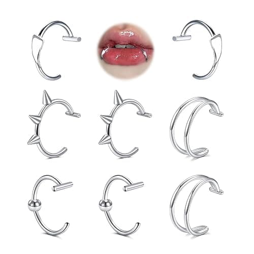 MODRSA Silver Black Fake Lip Piercing Fake Lip Ring Cuffs Clip on Nose Ring Hoop Faux Snake Bites Non Piercings Jewelry Vampire Teeth Silver Fangs for Halloween Jewelry Clip Double Earring Hoop - Image 1