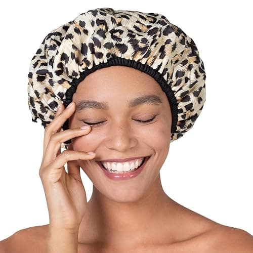 Betty Dain Reusable Nylon Bath & Shower Cap, Reversible Oversized Waterproof Shower Caps Large Designed for all Hair Lengths w Terry Lining & Elastic Band Stretch Hem Hair Hat - Socialite Safari Spots - Image 1