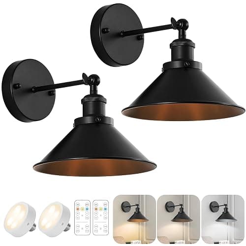Bailoch Black Vintage Wireless Battery Operated Wall Sconces, Industrial Cordless Battery Powered Led Wall Lights Set of 2, Wall Lamp Fixture Indoor with Remote Control for Bedroom Farmhouse Gallery - Image 1
