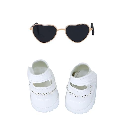 Suitable for 17cm Doll Clothing Accessory Set, Buckle Leather Shoes and Two-Piece Glasses Set (White2) - White2 - Image 1