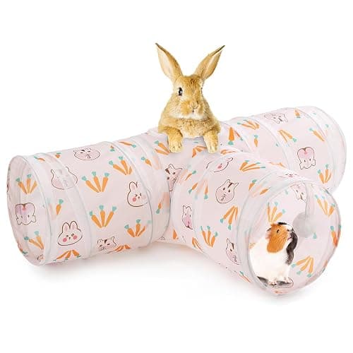 HERCOCCI Rabbit Toys, Bunny Tunnels & Tubes, Collapsible 3 Way Rabbit Hideout Tunnel with Chew Toys for Bunny Guinea Pig Ferret Kitten - Image 1