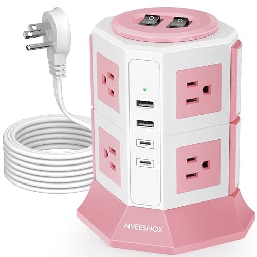 NVEESHOX Surge Protector Power Strip Tower, 10 Feet Ultra Flat Extension Cord with 12 AC Outlets 5 USB Ports(2 Type C), Desktop Charging Station, Flat Plug Outlet Extender for Home Office Dorm - Image 1