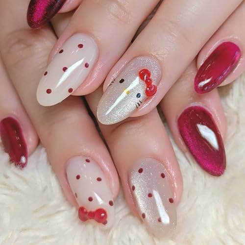 QQPPOLIU Cute Press on Nails Almond Shape with Polka Dots and Cat Design Short Red Fake Nails for Women Holiday - Image 1