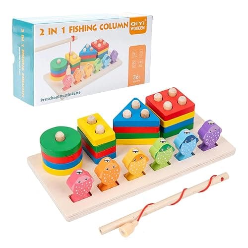 Felly Montessori Toys for 1-3 Year Old Baby, 2 In 1 Wooden Fishing Game Learning Educational Toys, Sorting & Stacking & Fine Motor Skills, Autism Toddlers Sensory Toy, Birthday for Boy - Image 1