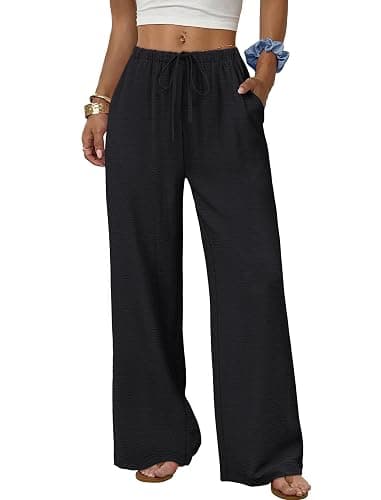 Sampeel Wide Leg Pants for Women Flowy Palazzo Drawstring Elastic Waist Trousers with Pockets Summer Beach Vacation Clothes - Image 1