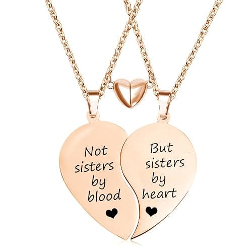 MJartoria BFF Necklace for 2-Valentines Heart Matching Necklace Best Friends Pendant Friendship Necklace Set of 2 Gifts for Women - Rose Gold - Not sister but sister-Heart - Image 1