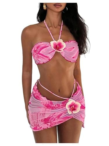 SOLY HUX Women's 3 Piece Swimsuit Floral Halter Bikini Set Beach Vacation Bathing Suit with Drawstring Cover Up Skirt - Image 1