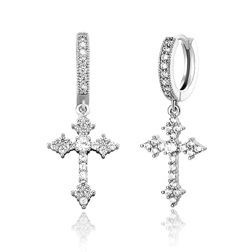 JINAO Cross Hoop Dangle Earrings for Men Women | 14K Gold Silver Plated, 5A+ Cubic Zirconia, Hypoallergenic 925 Sterling Silver Post, Religious Christian Jewelry - Image 1