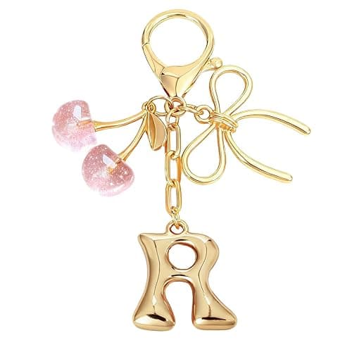 Snycler Bubble Initial Keychain with Bow & Cherry - Gold Letter Bag Charms for Women, Cute Purse Handbag Accessories - Image 1