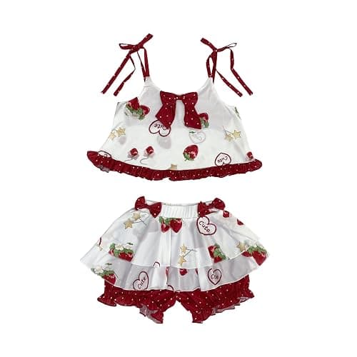 Jilneed Women's Cute Pajama Set Teens Lolita Kawaii Strawberry Print Cami Crop Top and Pj Shorts 2 Piece Sleepwear Pjs - Image 1