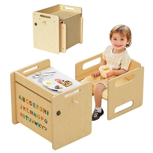 Acenova Montessori Weaning Table and Chair Set, Wooden Weaning Toddler Kids Table with Hook for Toddlers, Montessori Furniture for Reading, Snacks, Play, Learning & Activity Time Kids Toddler Desk - Image 1