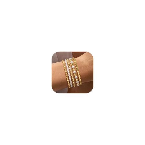 Yoosteel Gold Beaded Bracelets Set for Women, 14K Gold Plated Dainty Round Bead Ball Pearl Cross Bracelet for Women Simplicity Stackable Jewelry Gifts - Image 1