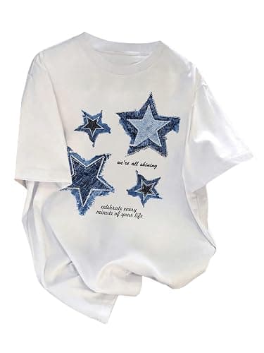 RoseSeek Girl's Drop Shoulder Letter Star Print Tee Tops Loose Short Sleeve Crew Neck T Shirts - Image 1