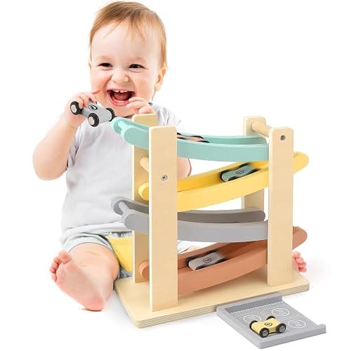 Car Ramp Toys for One Year Old Boy Birthday Gifts, Wooden Montessori Toys for 1 2 Year Old, Race Track Truck Toy with 4 Mini Cars/1 Parking Lot, First Christmas Birthday Gifts for Toddlers 1-3-2-4 - Image 1