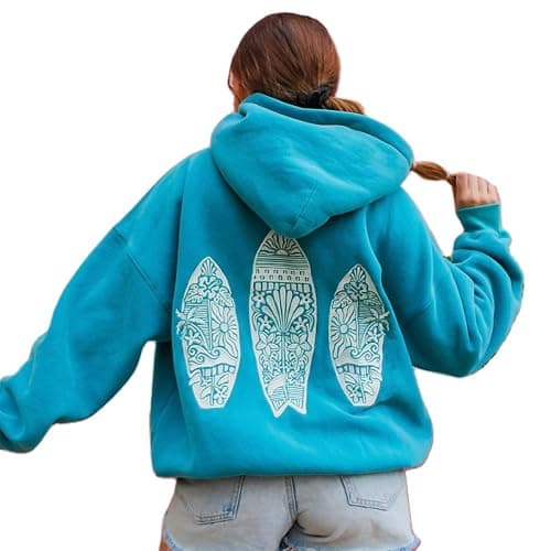 Surfing Graphic Hoodies for Women Y2K Long Sleeve Oversized Sweatshirt Teen Girls Preppy Pullover Sweater Hooded - Surfing Board Blue - Small - Image 1