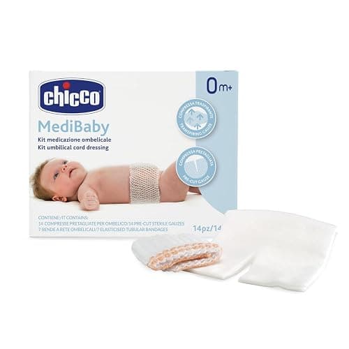 Chicco Kit Medicazione Ombelicale, Set 14 Compresse Pretagliate per Ombelico e 7 Bende a Rete, Permette di Fissare e Rimuovere la Medicazione con Facilità, Compressa Traspirante, Set 21 Pezzi, 0+ Mesi - Image 1