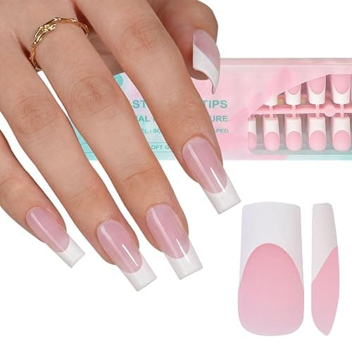 Misssix French Gel Nail Tips, 240Pcs French Tip Press on Nails Long Square Pink, No Need to File Tips Pre-lasting, Fake Nails for Nail Art DIY 15 Sizes - Image 1