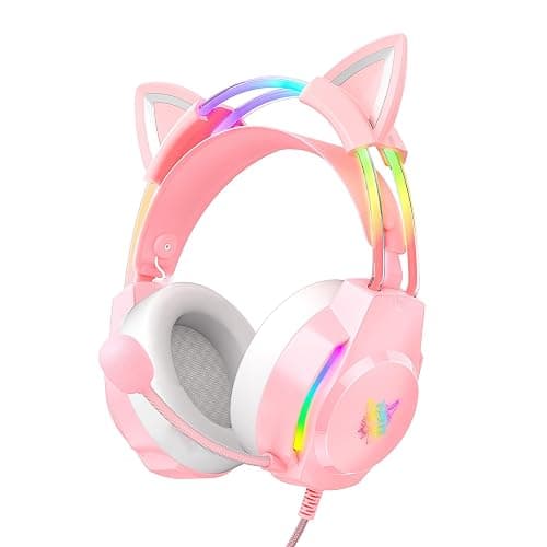 ONITOON Gaming Headset with Microphone, Cat Ear Headphones for PC Laptop PS4 PS5 Xbox Switch, Rainbow RGB Lighting & Virtual Surround Sound, 3.5mm Wired Over Ear Headphones, Ergonomic - Image 1
