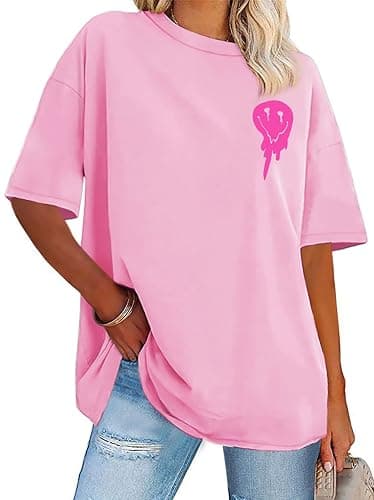 Womens Oversized Tshirt Graphic Tees Crew Neck Summer Short Sleeve Loose Fit Tops - X-Large - A-letter Print Pink - Image 1