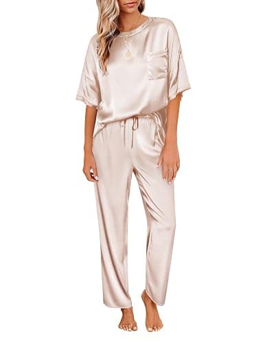 Ekouaer Womens Satin Silky Pajama Set Short Sleeve Shirt with Long Pajama Pant Set Soft PJ Loungewear - Image 1