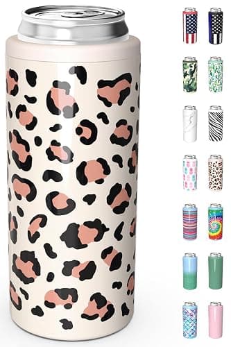 TILUCK Skinny Can Cooler for Slim Beer & Hard Seltzer, Stainless Steel, Doucle-Walled Stainless Steel Insulated Slim Cans, Standard 12 oz (Leopard Print) - Image 1