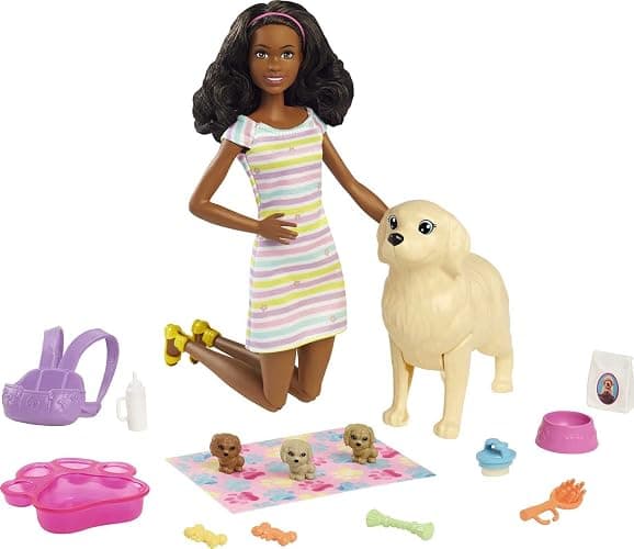 Barbie Doll and Accessories Playset with Brunette Doll, Mommy Dog, 3 Puppies and 11 Pieces, Newborn Pups Set - 1 count (pack of 1) - Newborn Pups - Brunette - Image 1