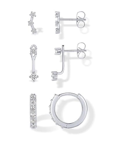 PAVOI 18K Gold Plated 925 Sterling Silver Posts Three Pairs Statement Earrings for Women - Cubic Zirconia Gold Earring Pack - Front Back Ear Jacket Crawler Stud Huggie Piercing Jewelry Set - Image 1