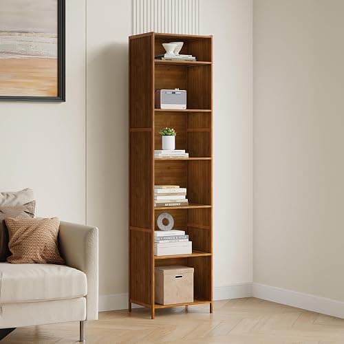 Warmiehomy 6-Tier Bookcase, 170cm Bamboo Bookshelf, Open Storage Shelf Freestanding, Wooden Shelving Unit Display Shelves for Living Room Bedroom Study Room Dinning Room (Rustic Brown) - Image 1
